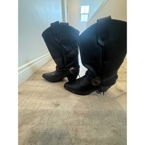 Vintage Oak Tree Farms Black Leather Western Boots - Concho & Metal Toe - 7.5